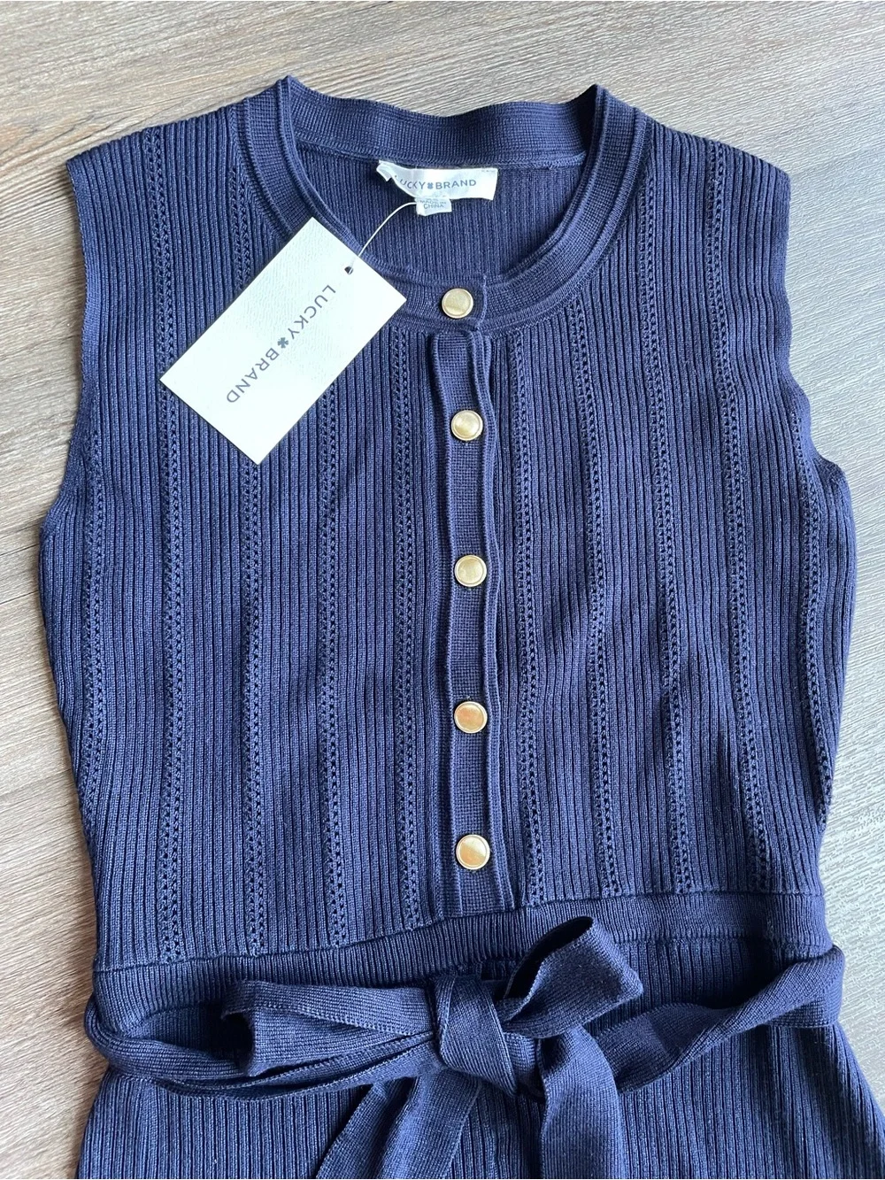 Lucky Brand Ribbed Knit Midi Dress XS Navy Gold Button Nautical Tie Belt NWT